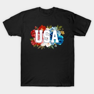 USA Red, White and Blue Florals Design T-Shirt